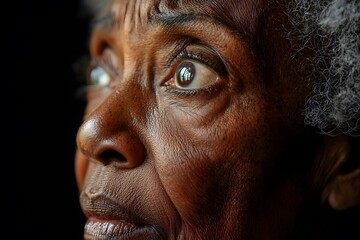 Obraz premium Reflective gaze of an elderly woman against a dark background