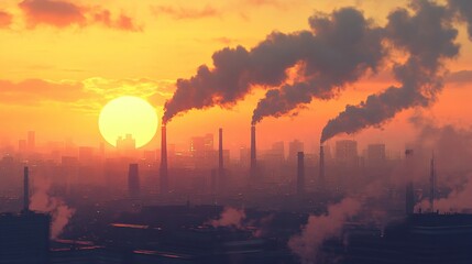 Obraz premium smoke rising from industrial chimneys with a sunset backdrop