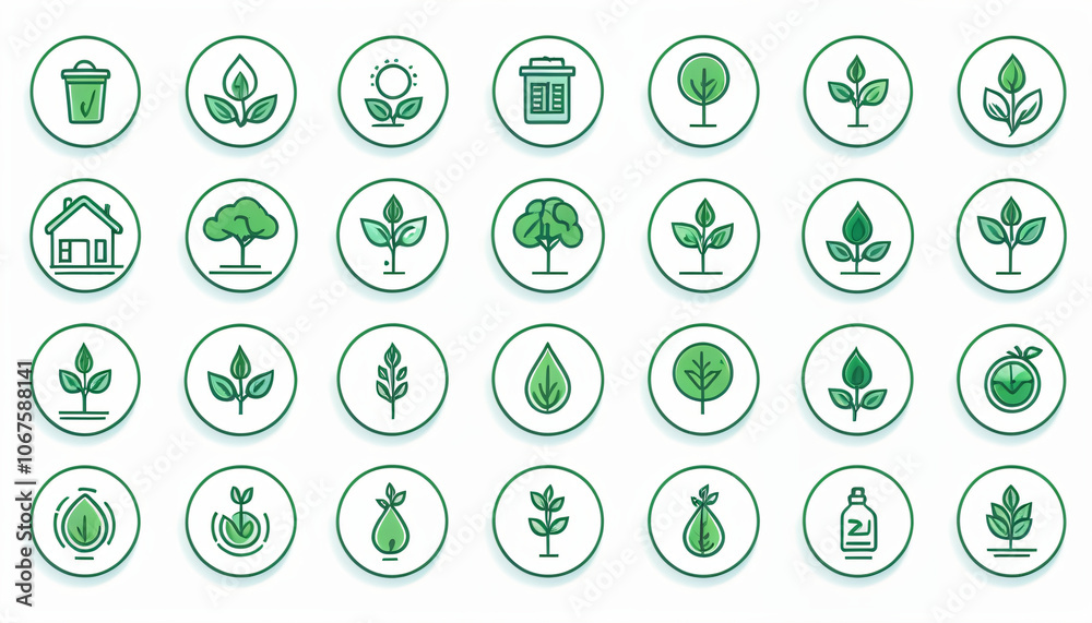 Poster of icons representing ecology, environment, and sustainability concepts with a thin line design on a