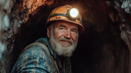 Fototapeta premium An experienced miner working in a dark tunnel, sporting a headlamp and a notably dusty face from hard labor