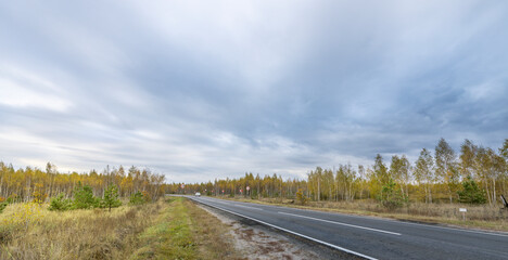 A road with a few trees in the background and a cloudy sky