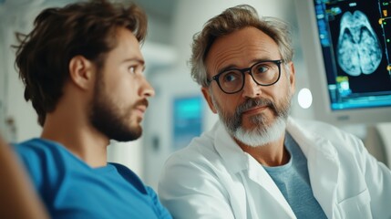 Obraz premium A younger patient seeks advice from an experienced doctor, both engaged in serious discussion, with medical imaging equipment visible in the modern background.
