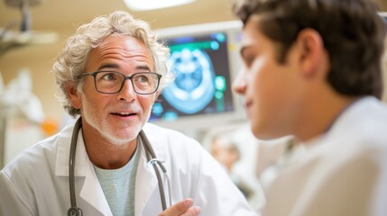 Obraz premium A friendly doctor with a bright smile is leaning forward, engaging in a patient-centered dialogue to create a welcoming and empathetic environment.