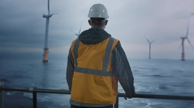 Offshore Wind Farm Worker Overlooking Turbines At Sea Renewable Energy Future