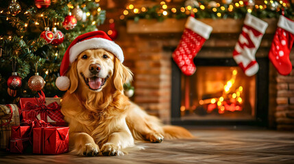 A Golden Retriever sitting in the living room of the house, surrounded by an aromatic Christmas atmosphere, with a Santa hat on, a lovely image of a pet eagerly awaiting Christmas.