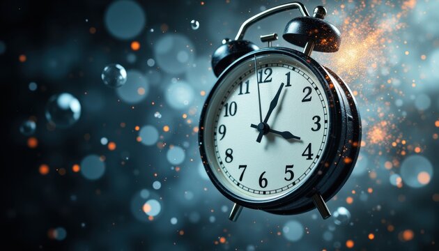 Vintage alarm clock exploding with energy and time particles