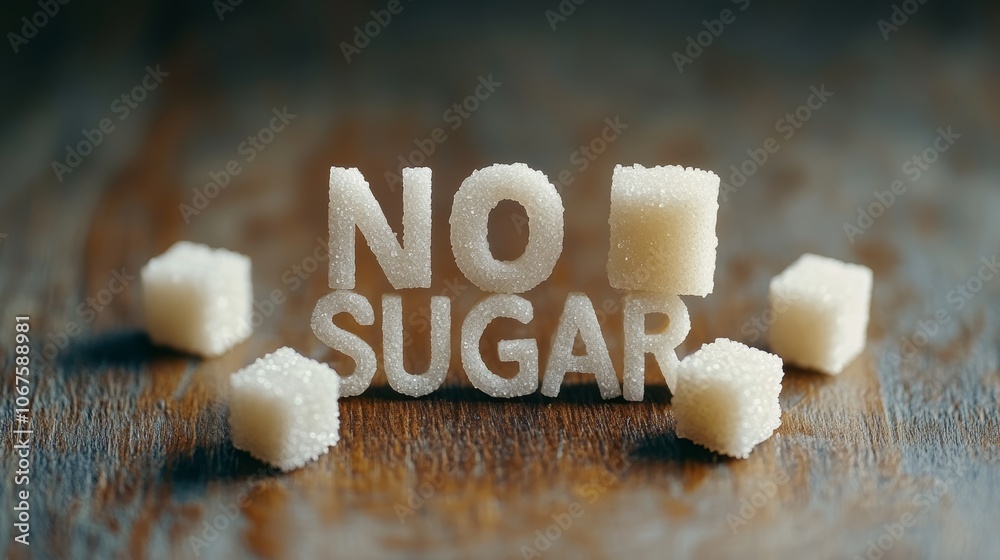 Poster sugar cubes forming the words no sugar promoting a sugar free or low sugar lifestyle for better heal