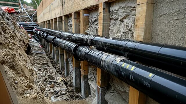 A section of the retaining wall with drainage pipes installed to prevent water from building up behind the wall.