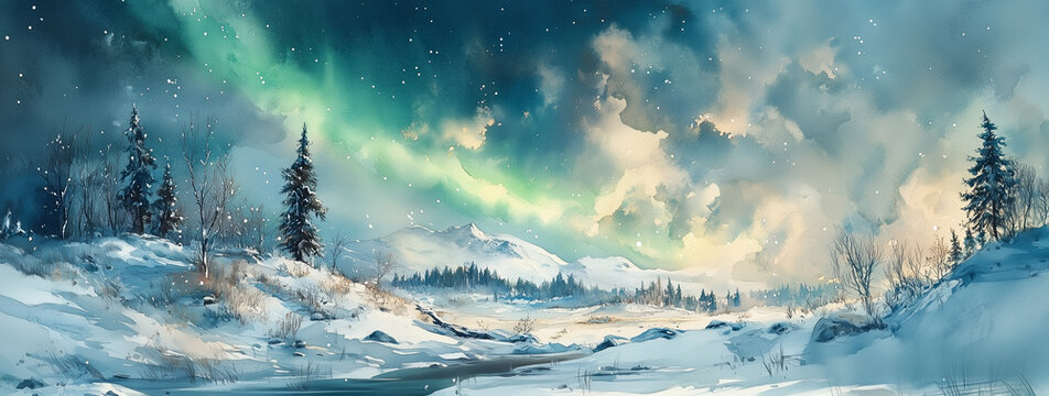 Northern lights - Watercolor Painting of a Green Aurora Borealis Over a Snowy Landscape