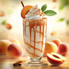 Peach milkshake with whipped cream, caramel and cinnamon garnish.