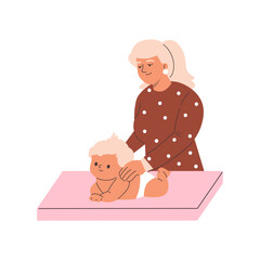 Vector graphics with nurse giving a massage to a baby lying on its stomach