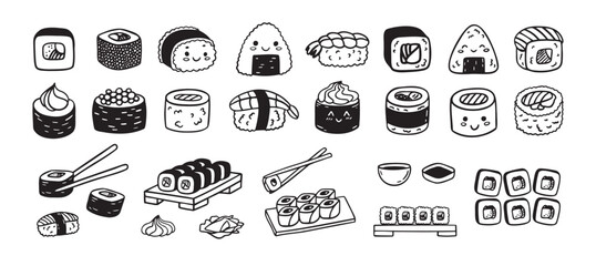 Sushi funny doodle set. Japanese hand drawn Food Sketch Icons. Kawaii drawing