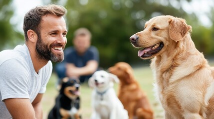 A bearded man is joyously depicted interacting with dogs in an open field, the background lush with greenery, alluding to themes of bonding and nature prosperity.