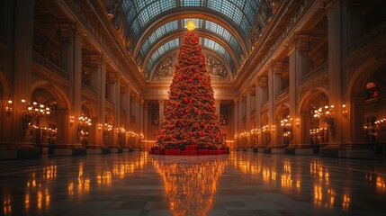 Obraz premium A large Christmas tree stands tall in a grand, ornate hall with a high vaulted ceiling, adorned with twinkling lights and red ornaments.