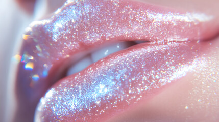 Fototapeta premium Close-up of shimmering glossy lips with sparkling glitter