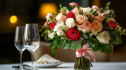 A bouquet of roses in shades of pink, white, and red rests on a white tablecloth, with two wine glasses in the foreground.