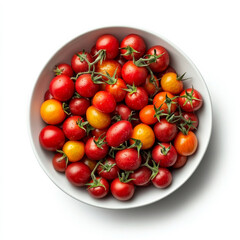 A bowl of cherry tomatoes in various shades of red, isolated on a white background, showcasing a fresh salad ingredient