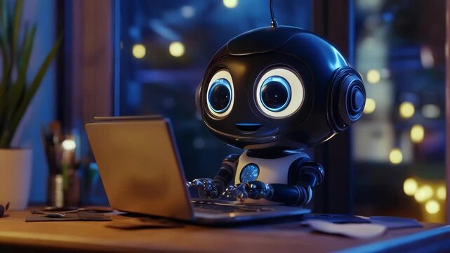 Cute robot working at a laptop. The concept of artificial intelligence and online assistant. Modern technologies of the future. AI chatbots.