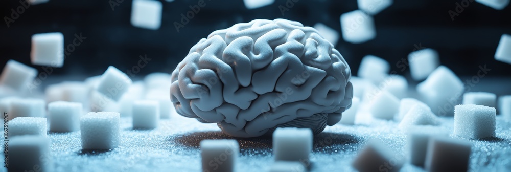 Poster dramatic image showing the impact of sugar on the brain, with sugar cubes falling around a model bra