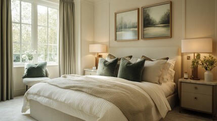 Fototapeta premium Elegant bedroom interior with plush bedding and stylish decor