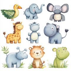 Naklejka premium Cute and colorful watercolor illustrations of various animals including duck, elephant, giraffe, hippo, lion, and more, perfect for childrens decor or educational materials