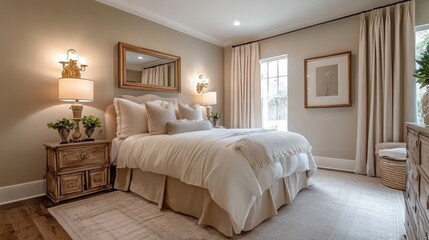 A Luxurious and Well-Appointed Bedroom with White Bedding and Golden Accents