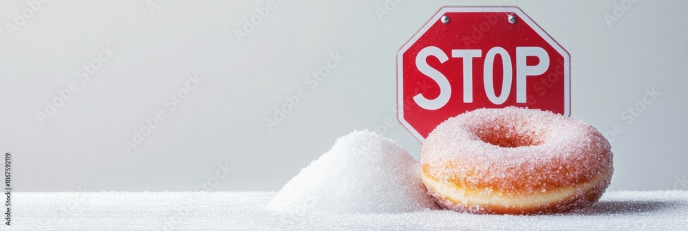Poster conceptual image representing sugar reduction and the dangers of sugar, featuring a stop sign, a sug