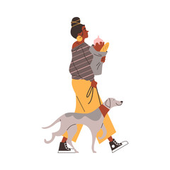 Woman returns home with her dog and a bag of groceries.