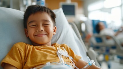 A young boy with a cheerful smile lies comfortably in a hospital bed while connected to IV tubes, highlighting resilience and positivity despite medical treatment.