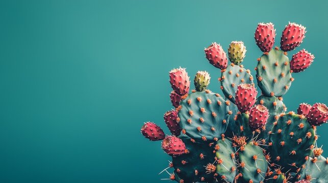 Close-up of flowering cactus against vibrant teal background