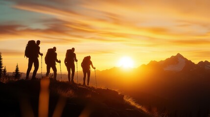 Hikers in silhouette walk together during sunset, with stunning mountains in the distance, suggesting teamwork, exploration, and the breathtaking wonder of the outdoors.