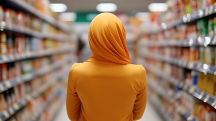 A woman wearing an orange hijab stands with her back to the camera in a grocery store aisle filled with a wide variety of products, representing diversity and choice.