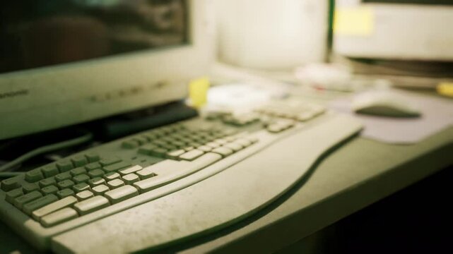 An outdated computer keyboard and monitor sit on a messy desk filled with notes and papers, showcasing a nostalgic workspace from a previous decade.