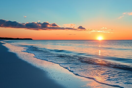 Sunset paints the sky over a calm ocean as gentle waves lap the shore, evoking peace and beauty.