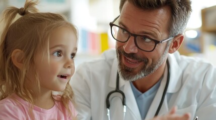 Fototapeta premium A friendly doctor with glasses interacts warmly with a child in a modern, brightly-lit medical setting, emphasizing care, trust, and patient engagement.
