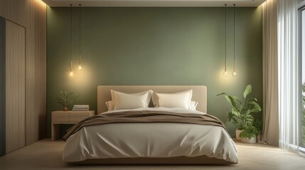A Minimalist Modern Bedroom with Green Walls and a White Bed