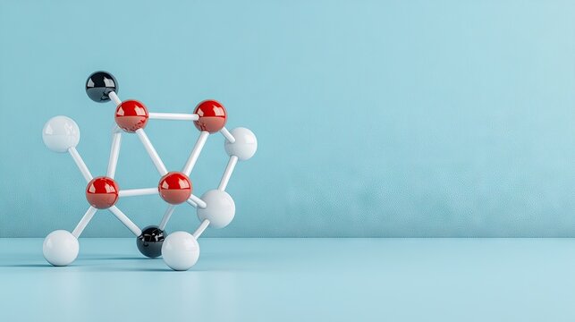 Close-up of a chemical structure model on a light blue background highlighting interconnected carbon spheres in a scientific setting