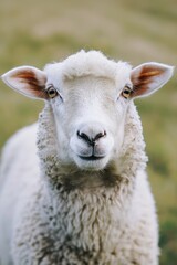 Obraz premium A sheep stands in a sunlit field, looking directly at the viewer, showcasing its woolly coat.