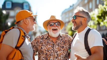Three middle-aged men wearing glasses and casual attire laugh joyfully together in a bright urban area, capturing friendship and happiness on a sunny day.