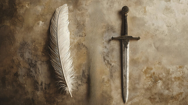 The symbolism between the sword and the pen: the sword represents power, while the pen symbolizes diplomacy. There is a saying, "The pen is mightier than the sword."
