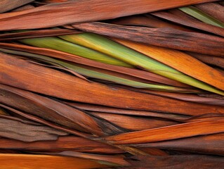 A close-up of colorful, textured strips of leather showcasing earthy tones and varying widths, creating a striking pattern.