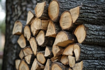 Fototapeta premium A pile of firewood logs showing their rough, textured cuts, representing warmth and rustic simplicity.