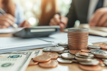 Close up of coins and bills on table, showcasing financial transactions and budgeting. scene conveys sense of business and economic planning