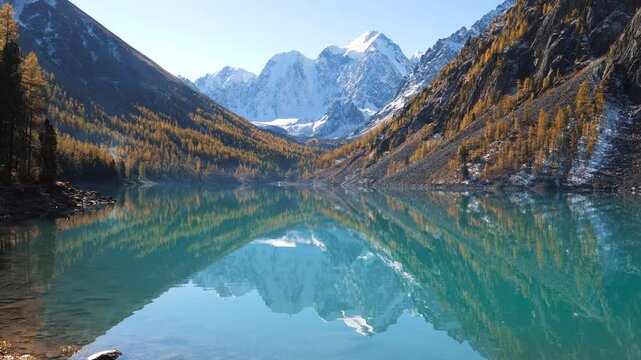 Turquoise water reflects snowy mountain peaks in Altai, while yellow autumn larches line the shore of a serene mountain lake, creating a picturesque and tranquil landscape. Travel in national parks