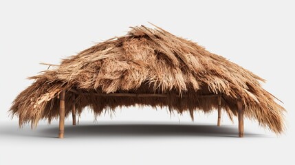 Bamboo thatched hut front view on white background for architectural design and tropical retreat concepts