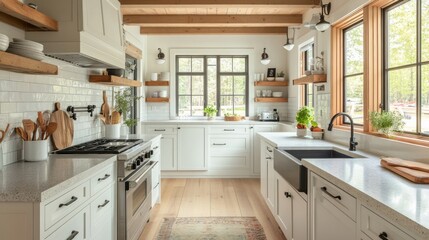 Fototapeta premium Modern Farmhouse Kitchen with White Cabinets and Granite Countertops