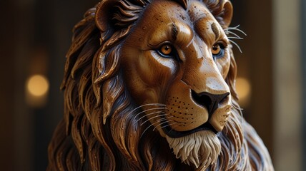 Obraz premium A crafted wooden lion statue. The intricate details of the statue, including the texture of the mane, the shape of the eyes, and the strong expression, create a sense of realism and tangible quality.