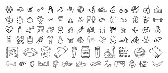 Fitness, sport and health icons doodle hand drawn set. Healthy lifestyle isolated symbols © Yanka