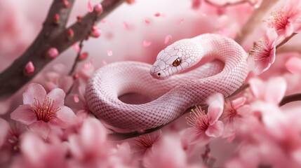 Fototapeta premium graceful snake coiled among blooming plum blossoms creates serene and enchanting scene. delicate pink flowers enhance beauty of snake, evoking sense of tranquility and harmony in nature