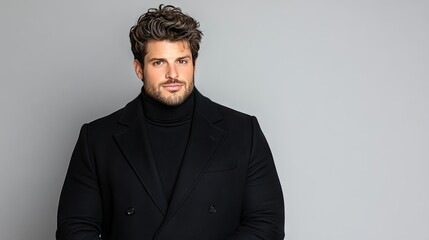 Obraz premium A stylish man in a black coat and turtleneck sweater poses confidently against a soft grey background, capturing a timeless fashion moment
